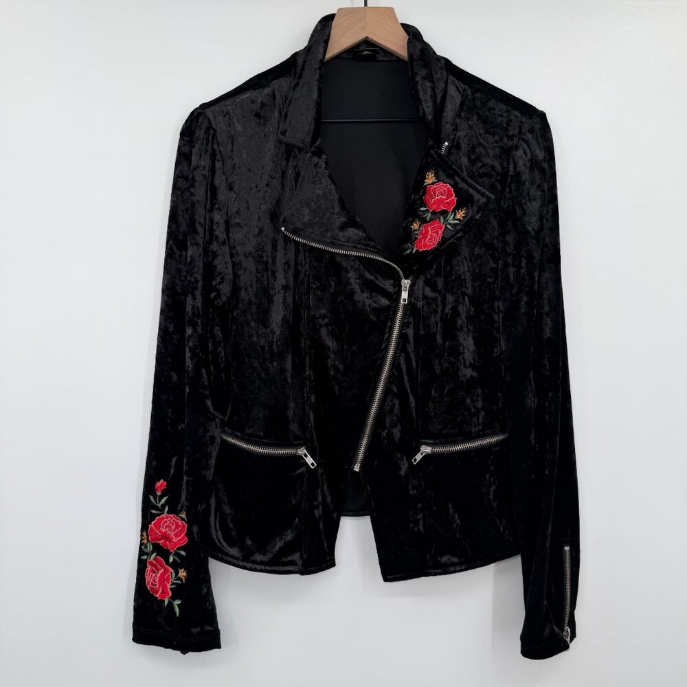 Crushed Velvet Moto Jacket Women XL Black Disney Coco Floral Embroidered